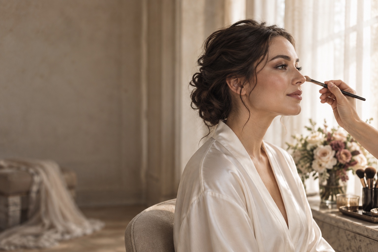 A bride receiving a final soft touch of makeup in natural window light